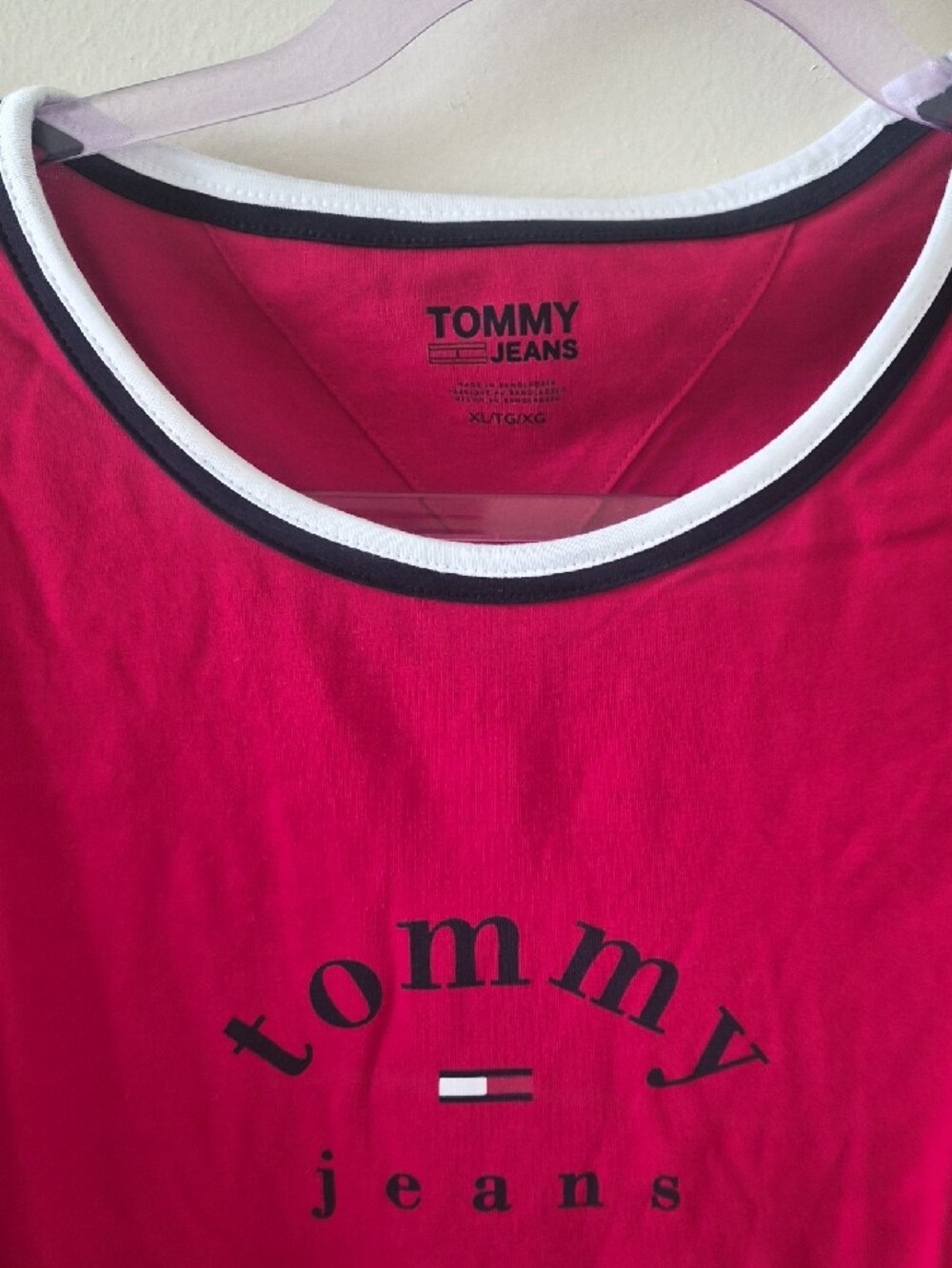 Tommy Hilfiger Red Logo Ringer T-Shirt with Black & White Trim - Picture 3 of 4